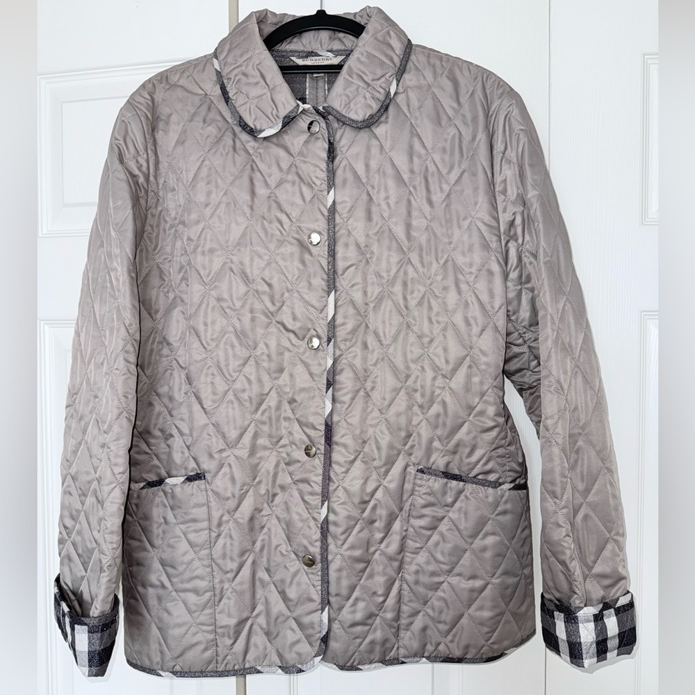 Vintage Burberry Quilted Taupe Utility Jacket with Plaid Trim